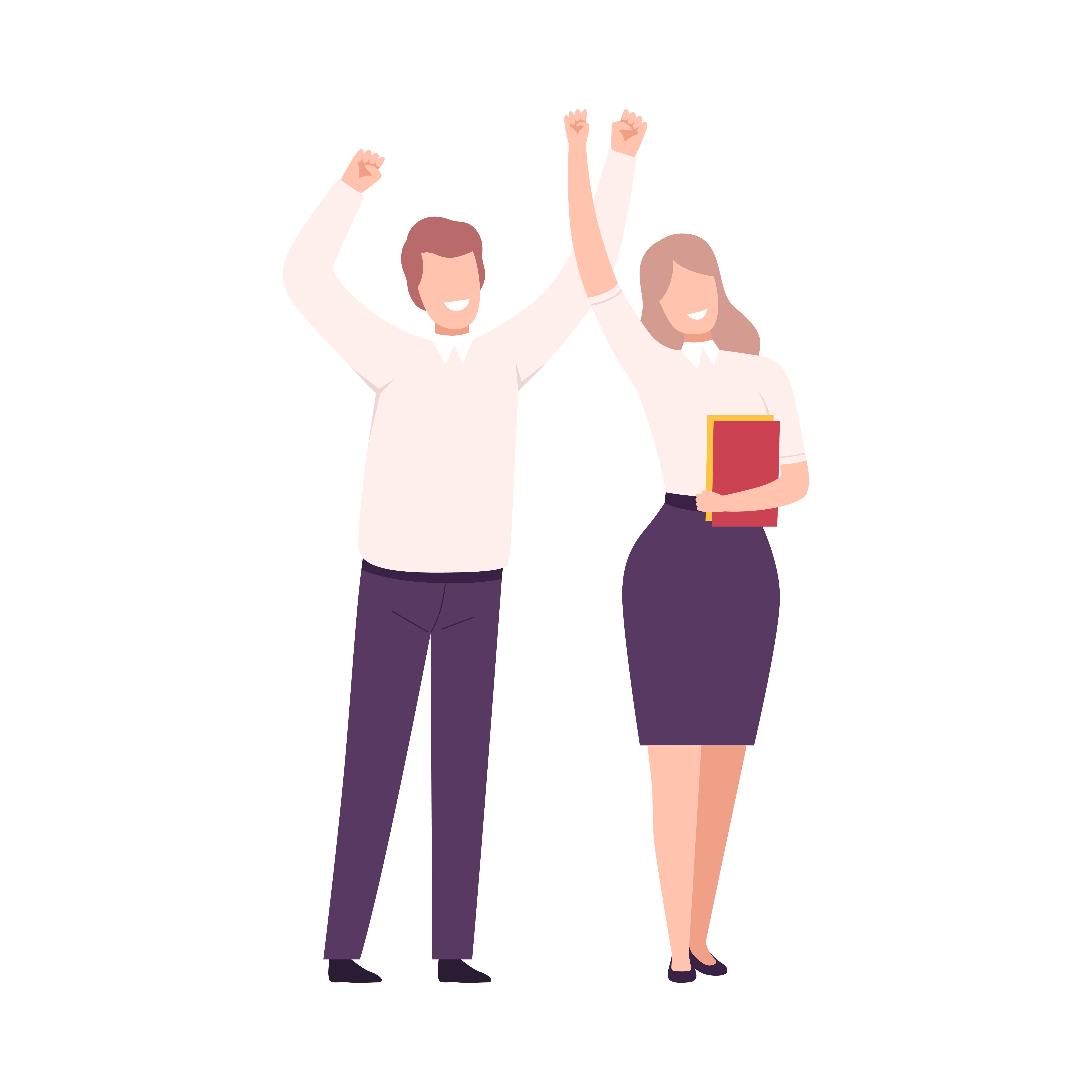 Business People Celebrating Victory, Successful Managers Characters Dressed in Business Clothes Standing with Their Hands Up Flat Vector Illustration on White Background.