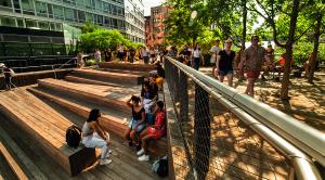 Manhattan, New York - September 23, 2019: People walk along on the High Line elevated pedestrian walkway which runs along an old railway track from the meatpacking district through to Chelsea in downtown Manhattan New York City USA