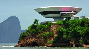 Rio de Janeiro, Brazil - April 9, 2010: Oscar Niemeyer's Niteroi Contemporary Art Museum and Sugar Loaf, in Rio de Janeiro, Brazil