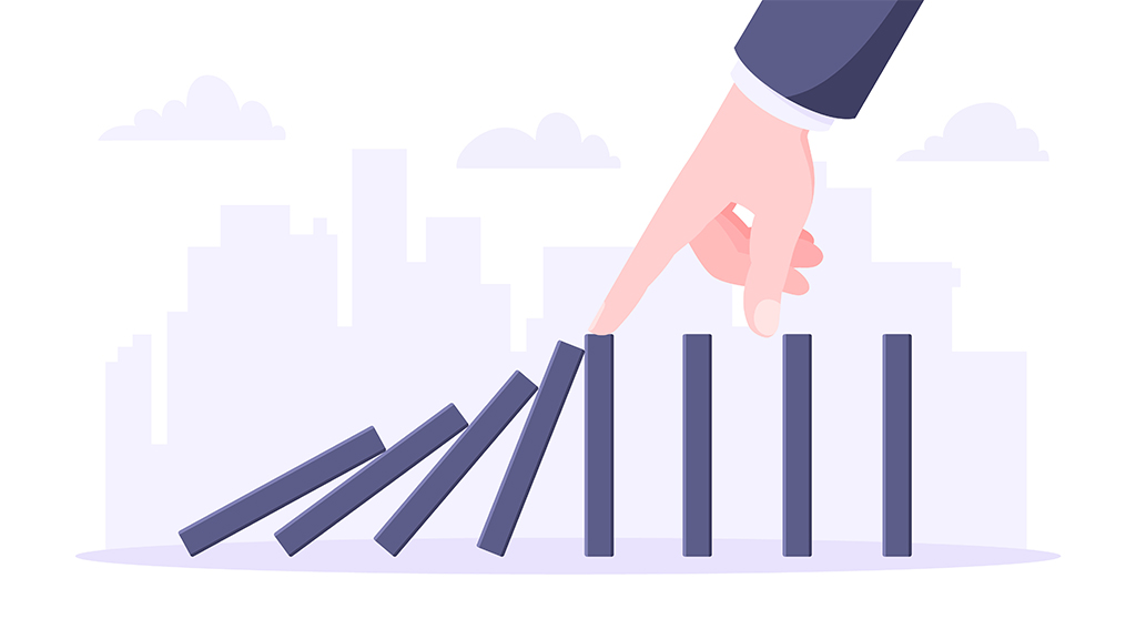 Domino effect business concept. Hand stops chain reaction of falling board game blocks of dominoes flat style vector illustration. Business bankruptcy or crisis, risk and finding solution metaphor.