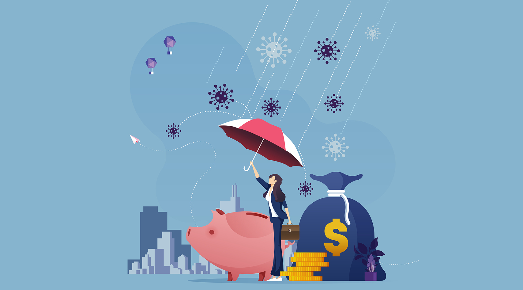 Businesswoman with umbrella protecting money from corona virus attack-Business financial crisis concept