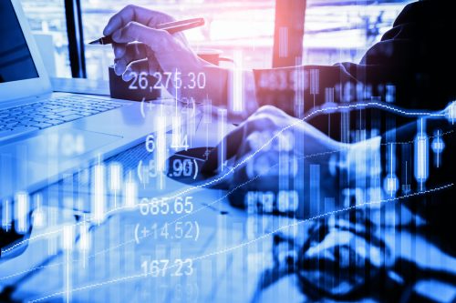 Stock market or forex trading graph and candlestick chart suitable for financial investment concept. Economy trends background for business idea and all art work design. Abstract finance background.