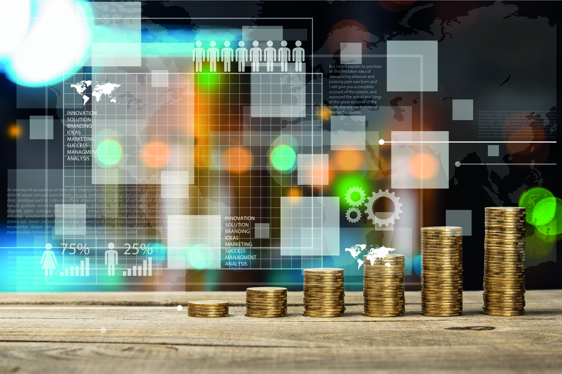 Golden coins stacks on  background