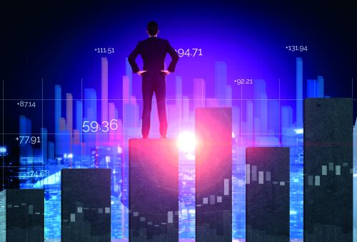 Double Exposure Image of Business and Finance - Businessman with report chart up forward to financial profit growth of stock market investment.