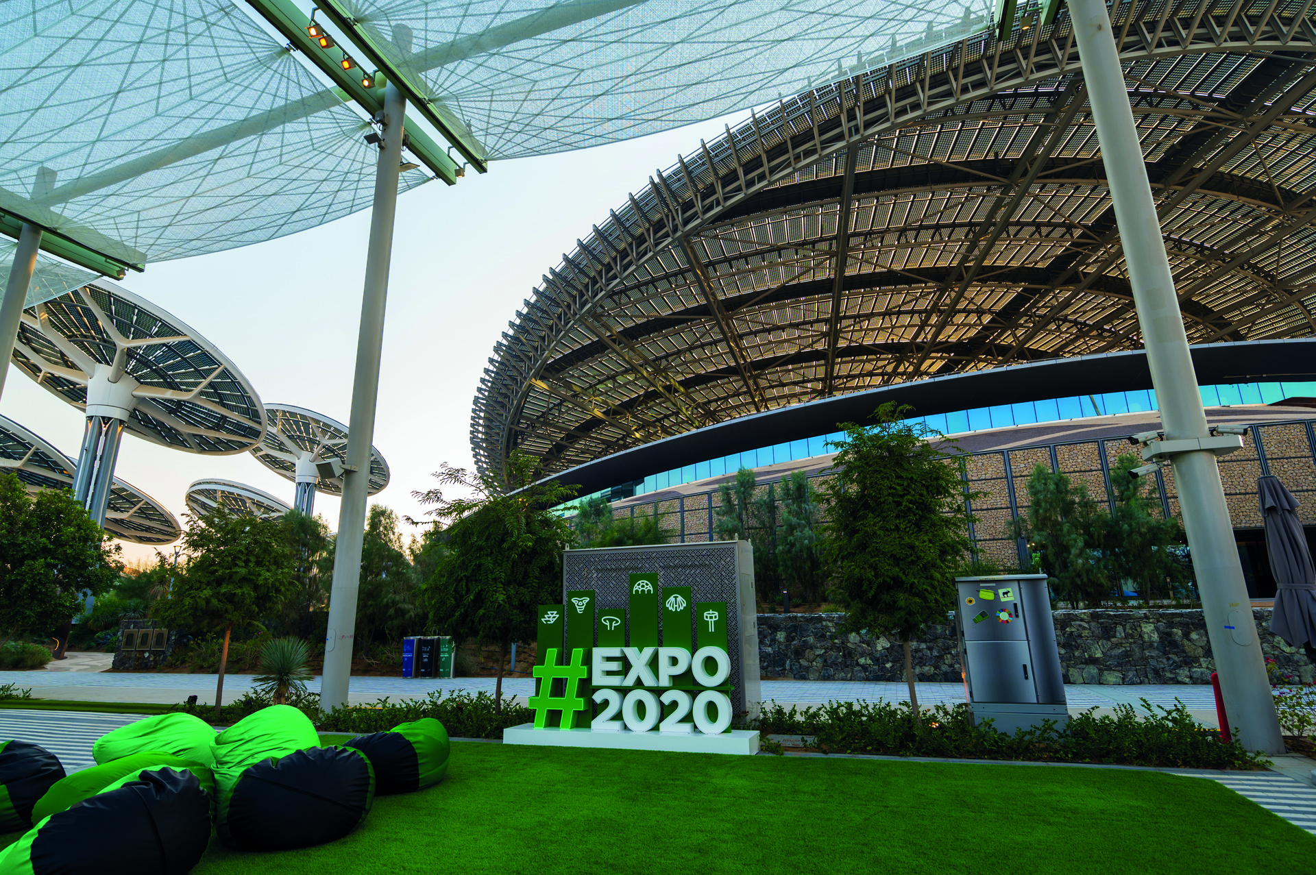 Dubai, United Arab Emirates - February 4, 2020: Characteristic architecture of EXPO 2020 Terra Sustainability Pavilion for the postponed EXPO which will be held in 2021 in Dubai, United Arab Emirates