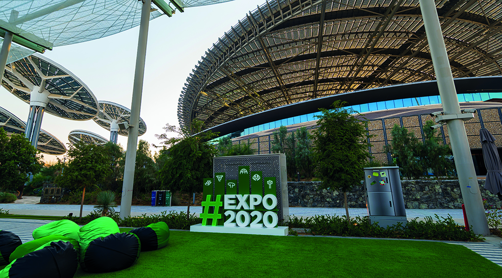 Dubai, United Arab Emirates - February 4, 2020: Characteristic architecture of EXPO 2020 Terra Sustainability Pavilion for the postponed EXPO which will be held in 2021 in Dubai, United Arab Emirates