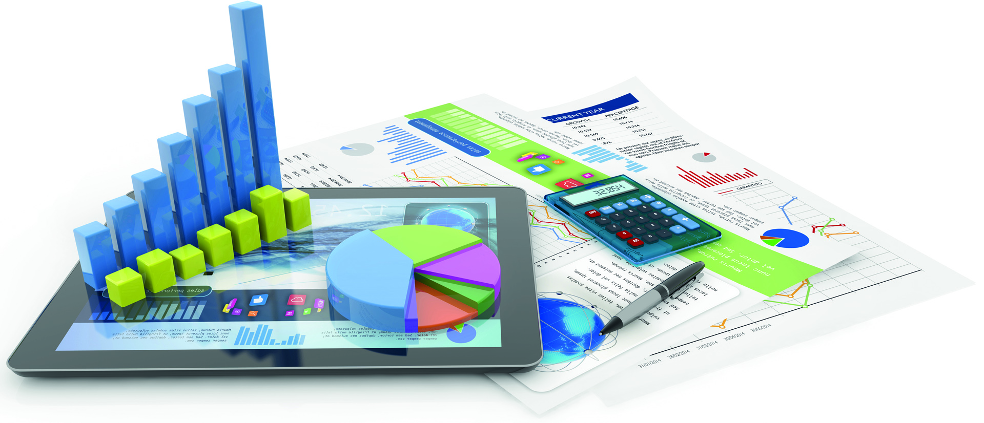 graphics, calculator, pen, tablet and financial documents
