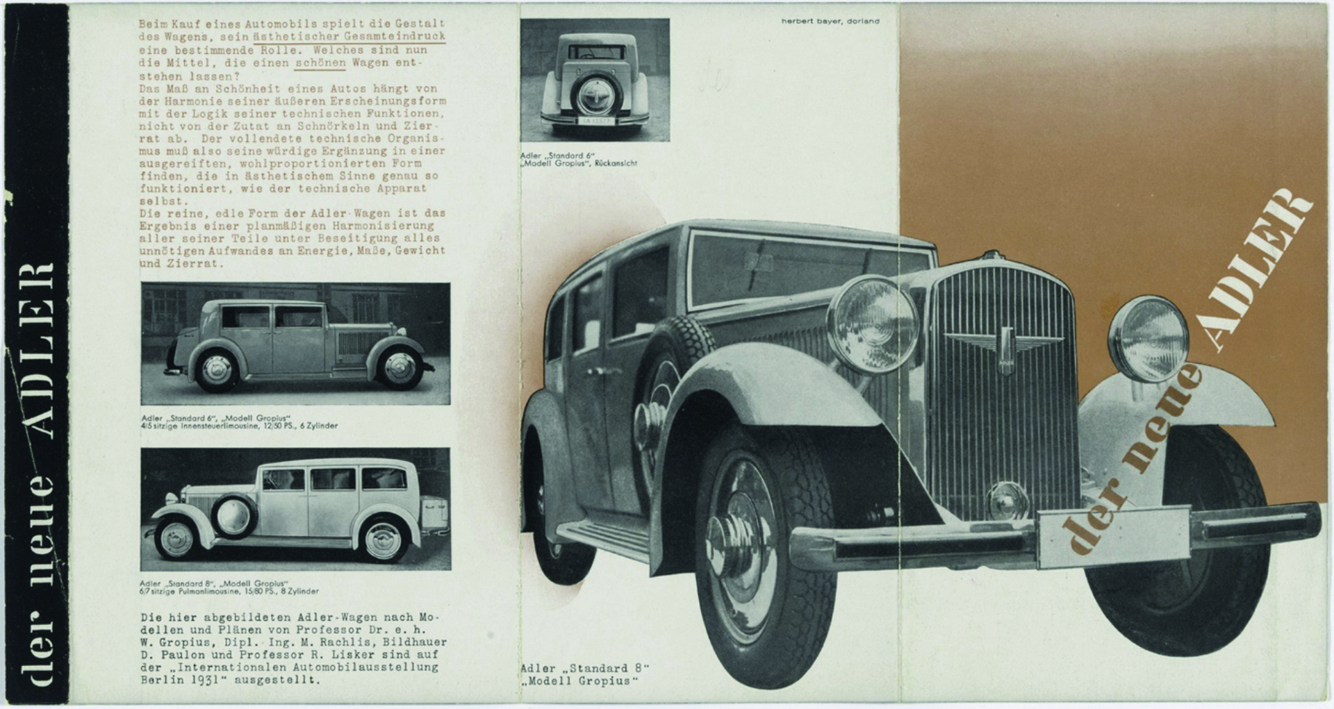 la brochure che annuncia il lancio del nuovo modello Adler “Standard 8“ “Model Gropius”